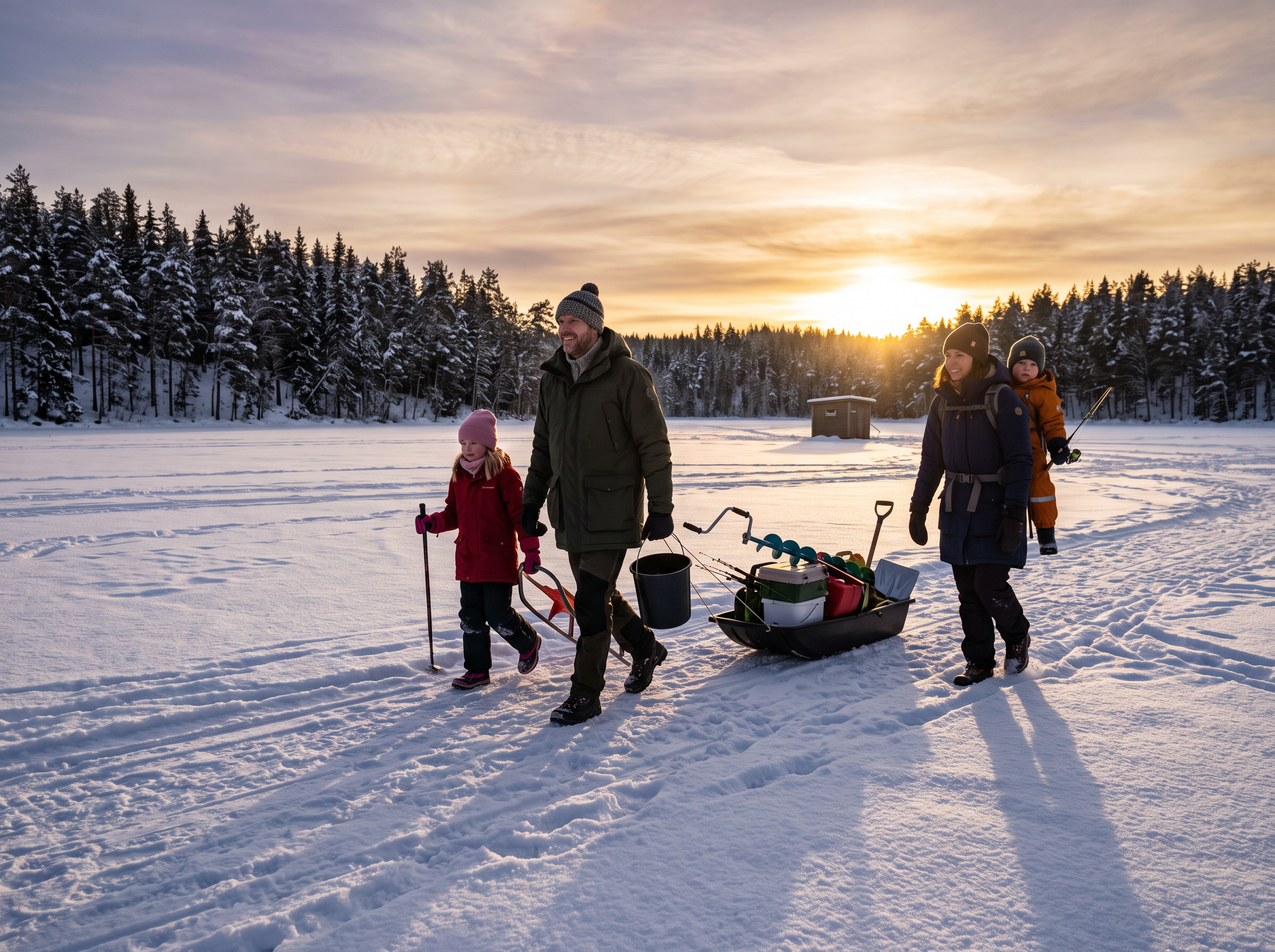 Family walking on frozen lake for ice fishing