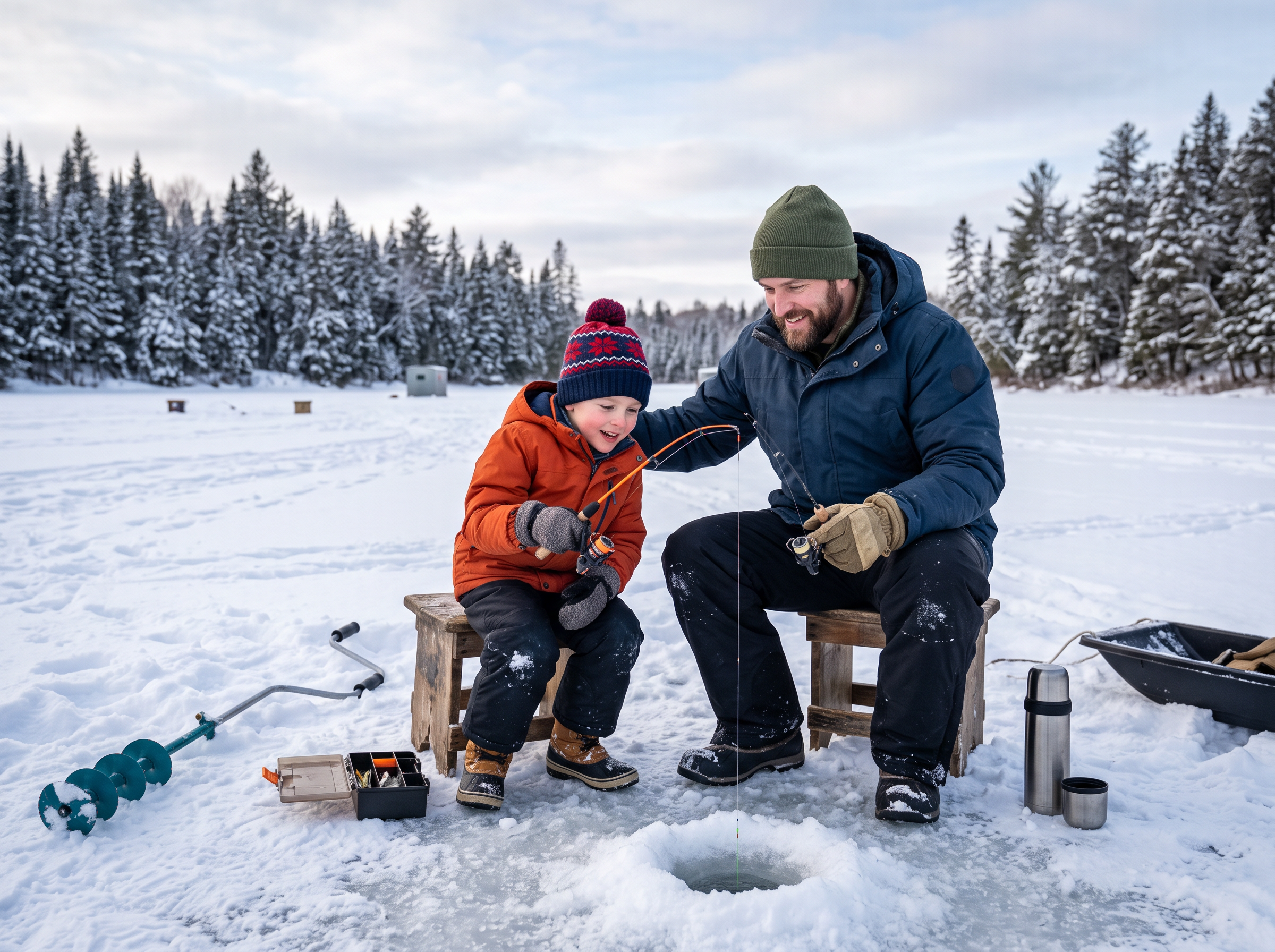 Father and son enjoying ice fishing