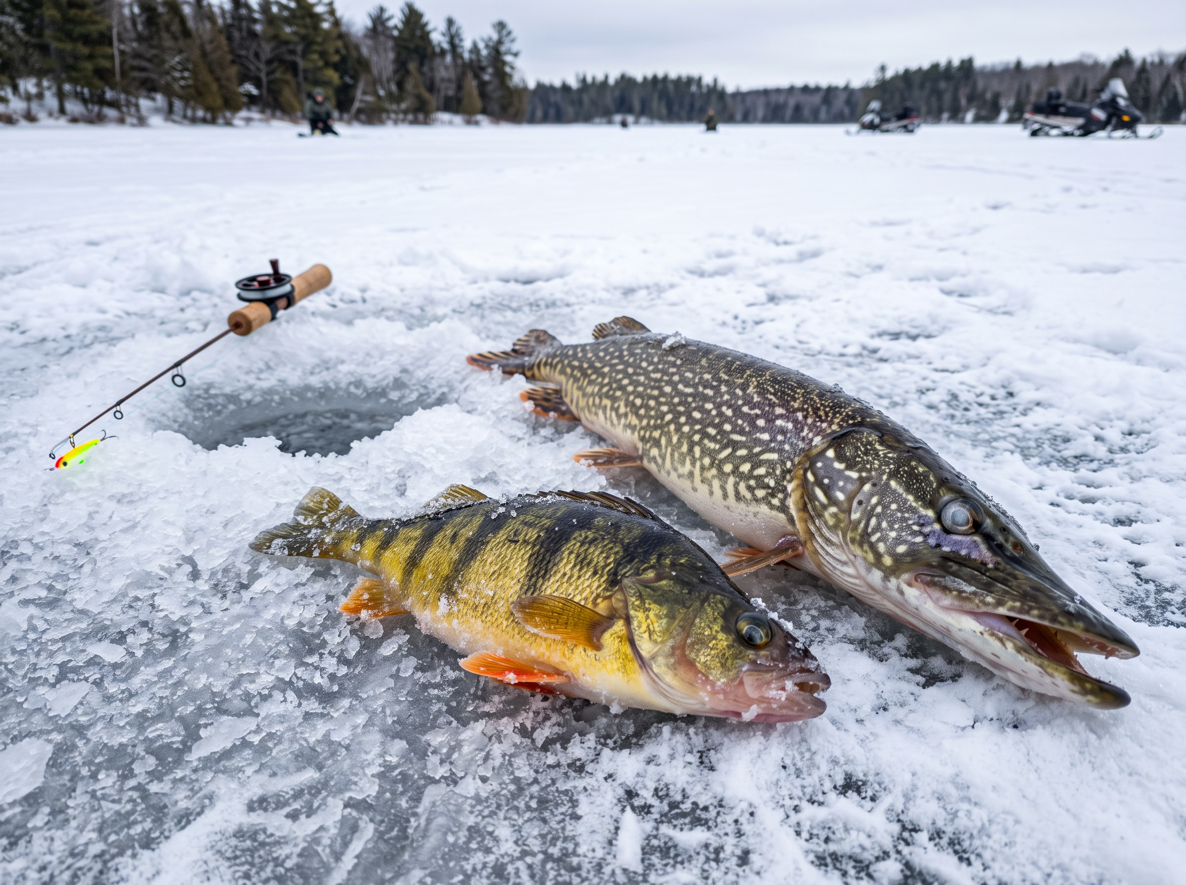 Fresh perch and pike catch from ice fishing