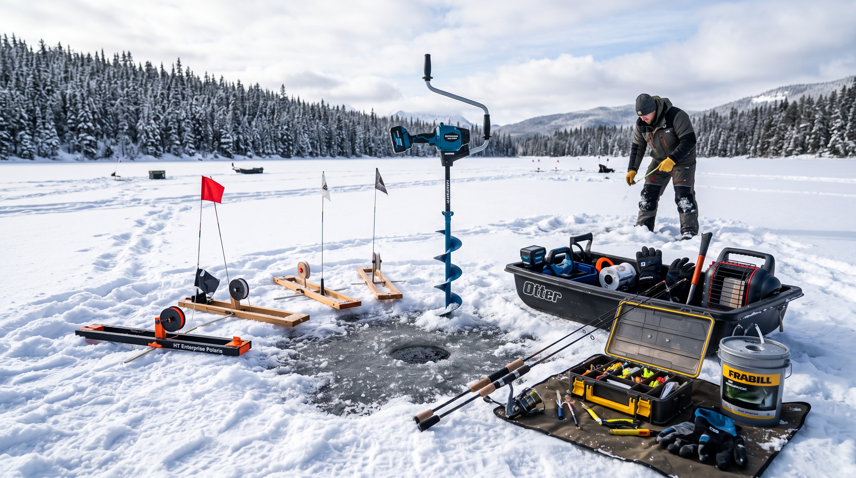 Premium ice fishing equipment arranged on frozen lake