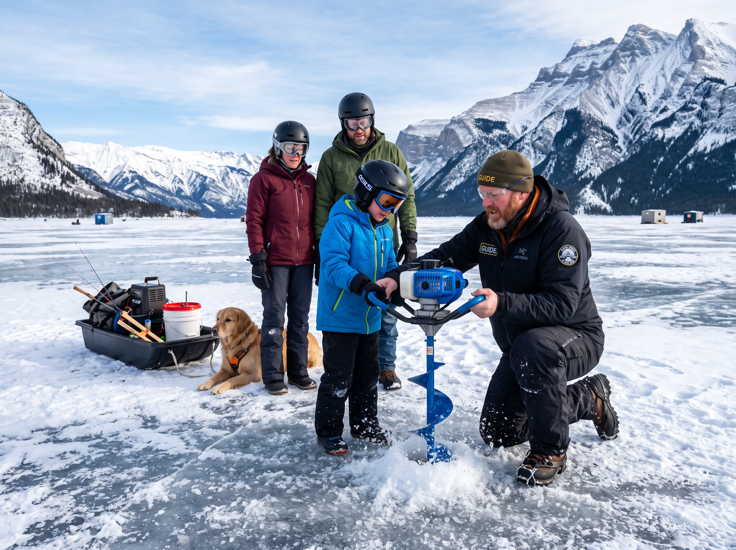 Ice fishing guide helping family with ice auger drill