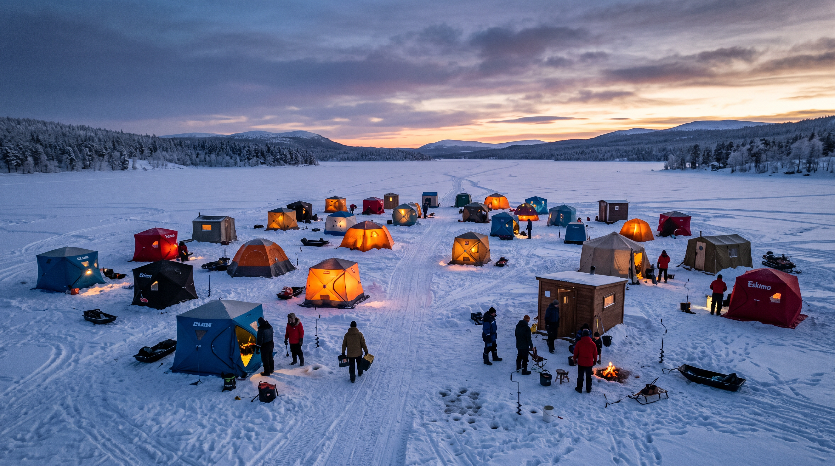 Ice fishing camps on frozen lake