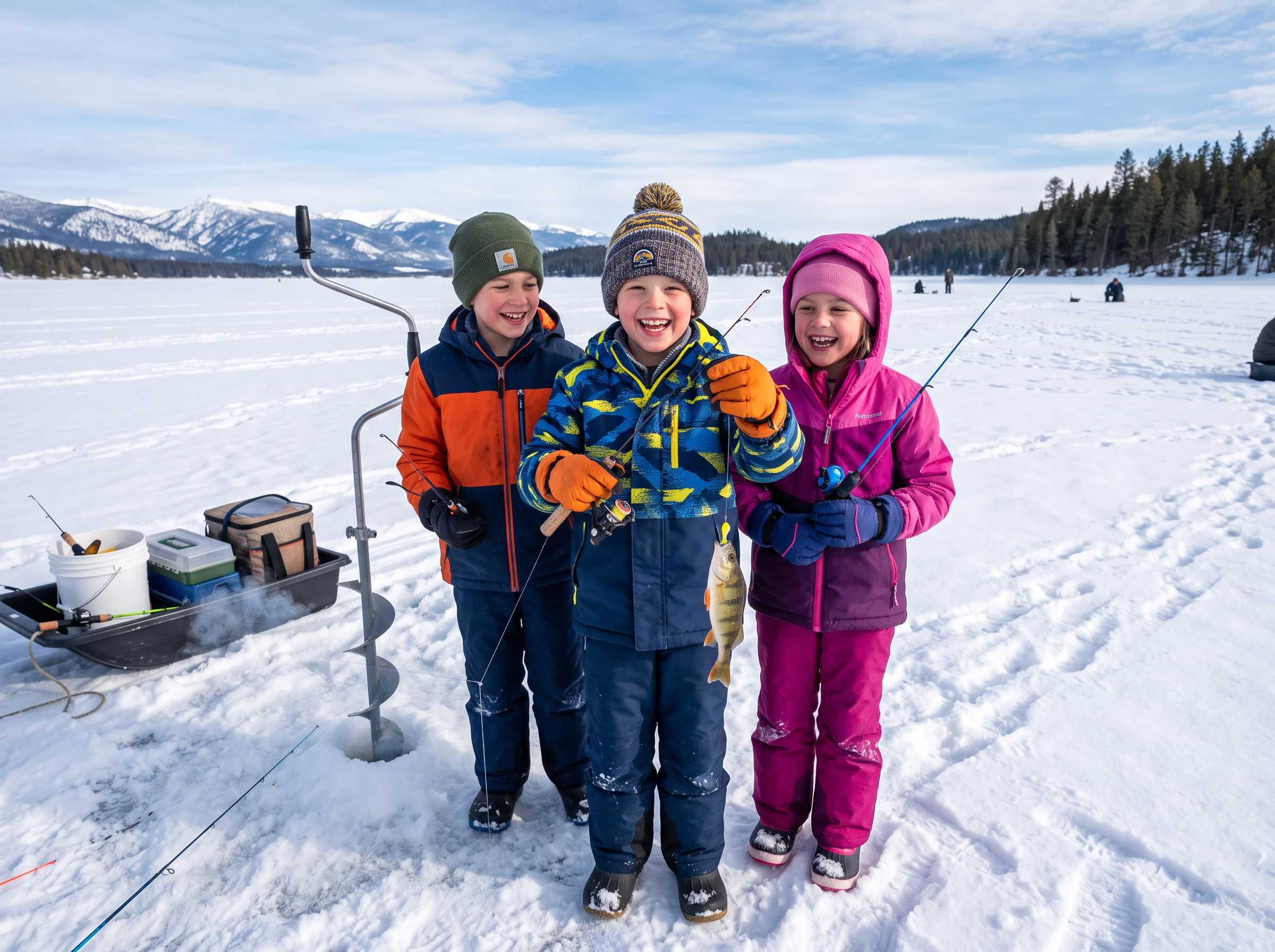 Three children proudly holding their ice fishing rods